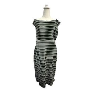 Paris Sunday Striped Boatneck Knit Dress Large | Black White Midi Bodycon